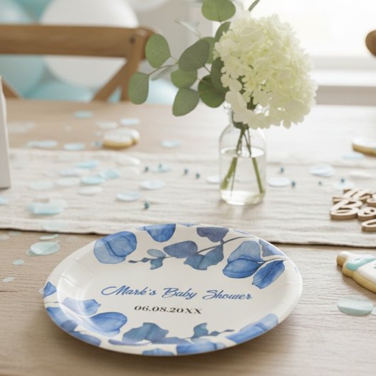 Blue Baby Shower paper plate – Custom Name & Event Papieren Bordje