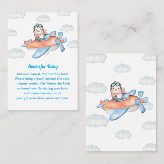Blue Baby shower Penguin Animal Pilot Book Request Informatiekaartje (Voorkant / Achterkant)
