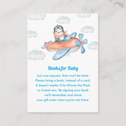Blue Baby shower Penguin Animal Pilot Book Request Informatiekaartje (Voorkant)