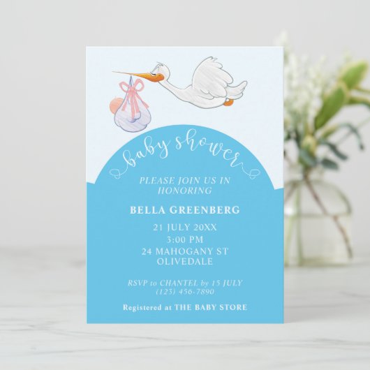 Blue Baby shower Stork Invitation Kaart (Staand voorkant)