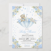 Blue Baby Sprinkle Umbrella Teddy Bear Baby shower Kaart (Voorkant)