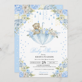 Blue Baby Sprinkle Umbrella Teddy Bear Baby shower Kaart
