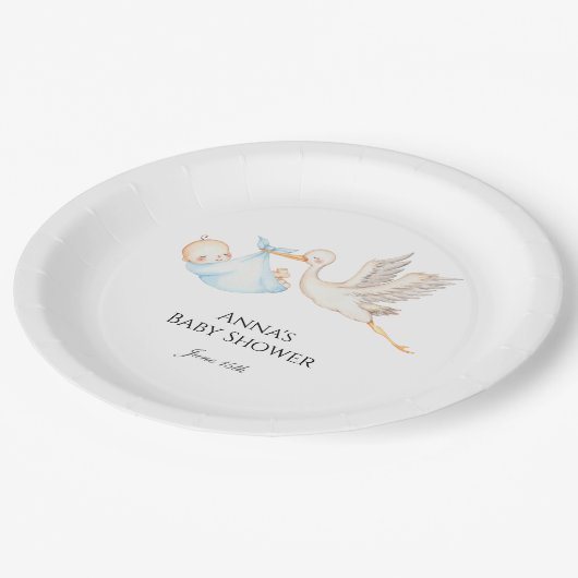 Blue Baby Stork Baby shower Papieren Bordje (Gekanteld)