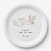 Blue Baby Stork Baby shower Papieren Bordje (Voorkant)