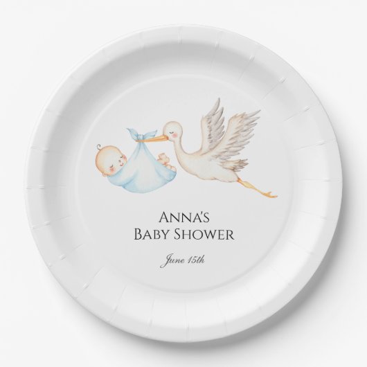 Blue Baby Stork Baby shower Papieren Bordje (Voorkant)