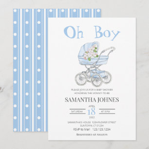 Blue baby stroller Blossom Baby shower Invitatio Kaart