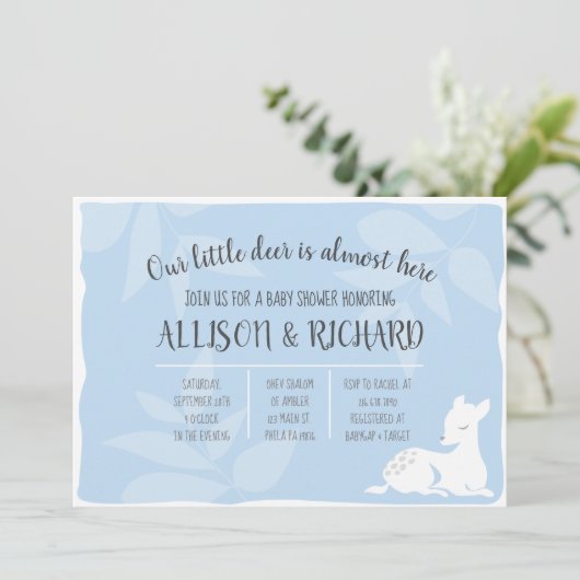 BLUE Baby Tuin Herten Lieve Baby Shower Uitnodigin Kaart (Staand voorkant)