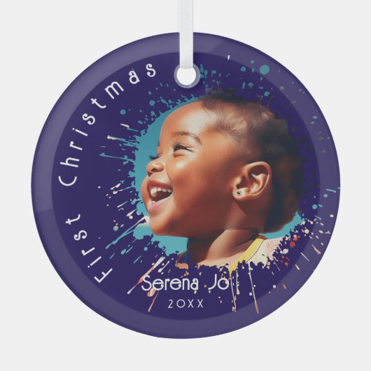 Blue Baby's First Christmas Splatter Pattern  Glas Ornament (Voorkant)