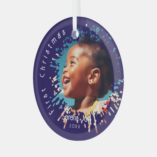 Blue Baby's First Christmas Splatter Pattern  Glas Ornament (Voorkant links)