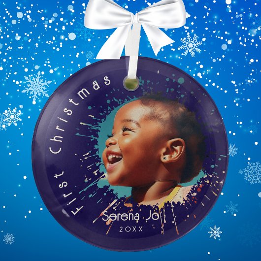 Blue Baby's First Christmas Splatter Pattern Glas Ornament