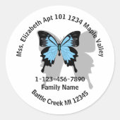 Blue Backed Butterfly Family Home Adres Ronde Sticker (Voorkant)
