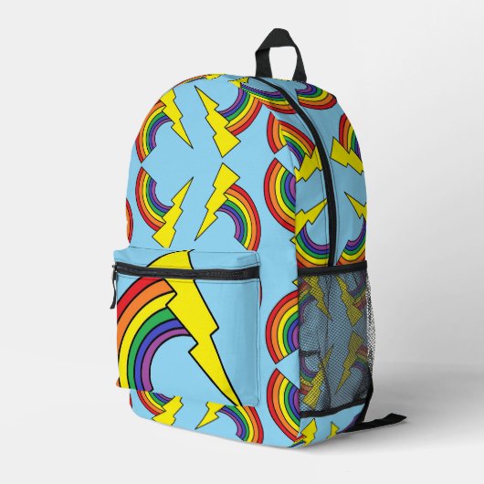 Blue Backpack With Rainbows and Lightning Bolts Bedrukte Rugzak (Achterkant Hoek Rechts)