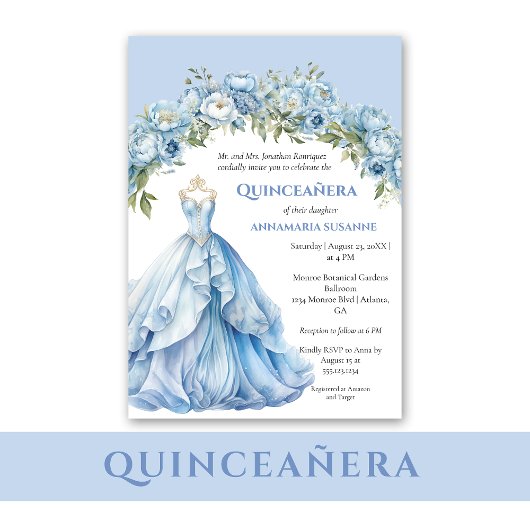 Blue Ball Gown Blue Floral Quinceañera |  Kaart