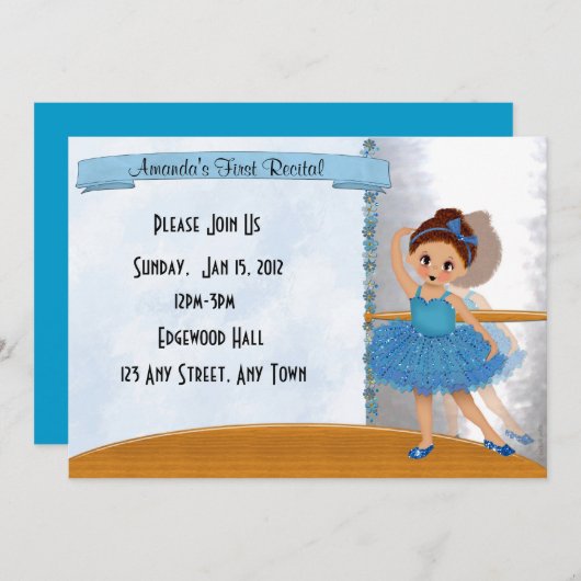 Blue Ballerina Invitation Kaart (Voorkant / Achterkant)