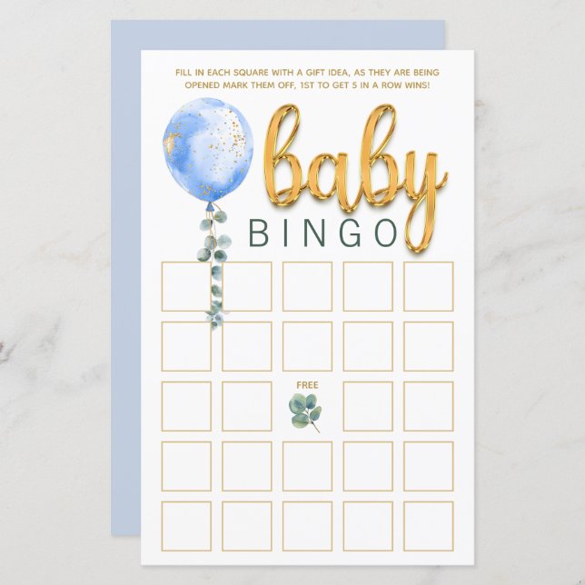 Blue Balloon Baby shower Bingo Game Kaart (Voorkant / Achterkant)