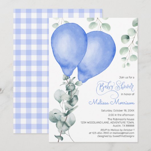 Blue Balloon Baby Shower Kaart (Voorkant / Achterkant)