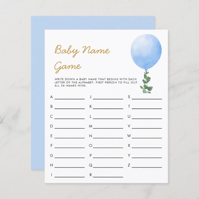 Blue Balloon Baby shower spel (Voorkant / Achterkant)