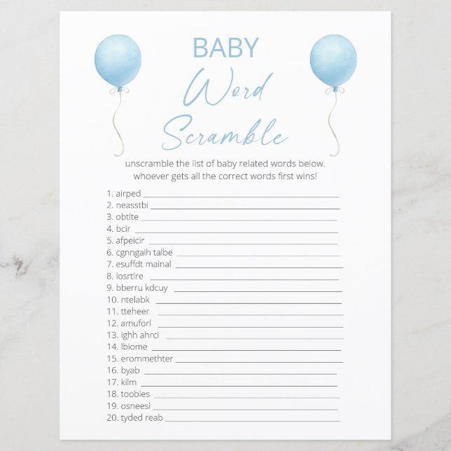 Blue Balloon Baby shower Word Scramble (Voorkant)