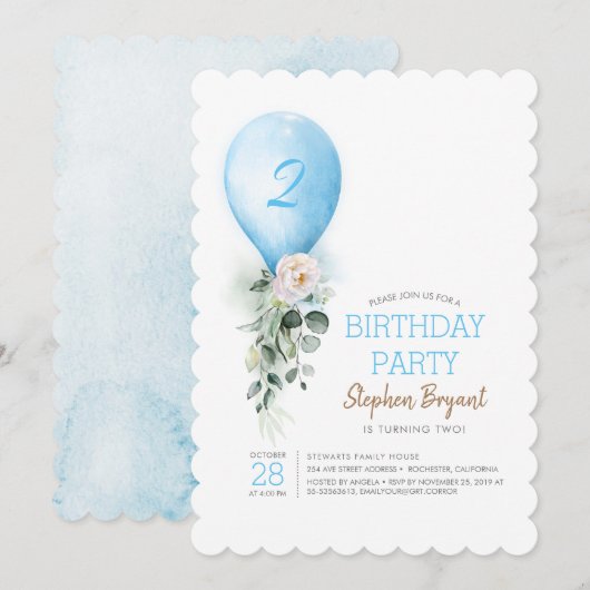Blue Balloon Birthday Uitnodigingen voor jongen (Voorkant / Achterkant)