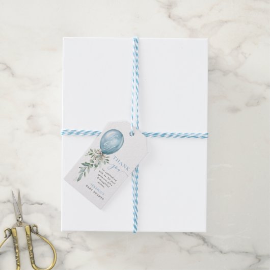 Blue Balloon Bow Greenery Baby Shower Thank You Cadeaulabel (Met Touw)