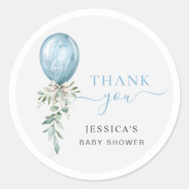 Blue Balloon Bow Greenery Baby Shower Thank You Ronde Sticker