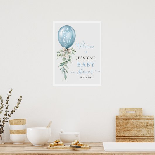Blue Balloon Bow Greenery Baby Shower Welcome Poster (Keuken)
