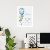 Blue Balloon Bow Greenery Baby Shower Welcome Poster (Thuiskantoor)