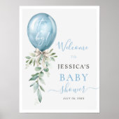 Blue Balloon Bow Greenery Baby Shower Welcome Poster (Voorkant)