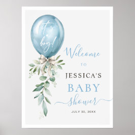 Blue Balloon Bow Greenery Baby Shower Welcome Poster