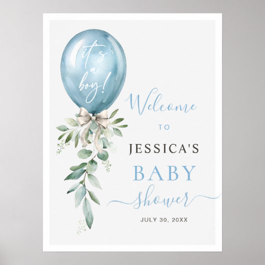 Blue Balloon Bow Greenery Baby Shower Welcome Poster (Voorkant)