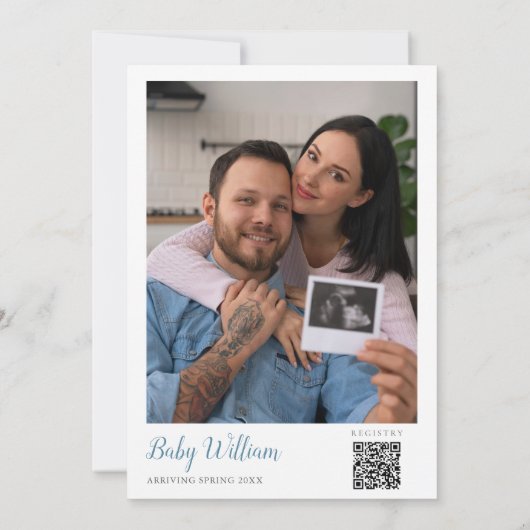 Blue Balloon Boy QR Code Foto Baby shower Kaart (Achterkant)