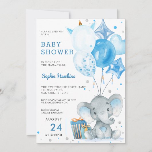 Blue Balloon Boy Silver Elephant Baby shower Kaart (Voorkant)