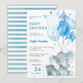 Blue Balloon Boy Silver Elephant Baby shower Kaart (Voorkant / Achterkant)