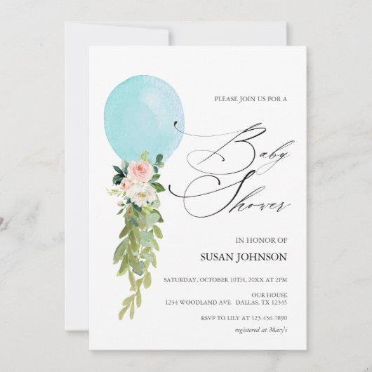 Blue Balloon Calligraphy Script Baby shower Kaart (Voorkant)