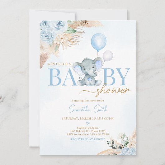 Blue Balloon Elephant Baby shower Kaart (Voorkant)