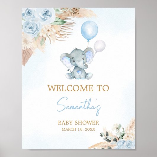 Blue Balloon Elephant Baby shower Welkom Poster (Voorkant)