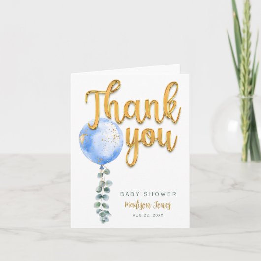 Blue Balloon Eucalyptus Baby shower bedankkaart (Voorkant)
