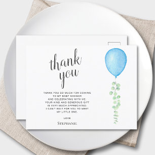 Blue Balloon Eucalyptus Baby shower Bedankt Briefkaart