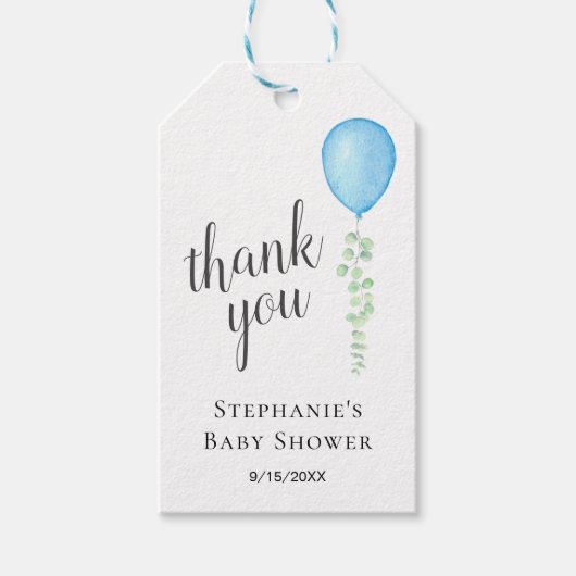 Blue Balloon Eucalyptus Baby shower Bedankt Cadeaulabel (Voorkant)