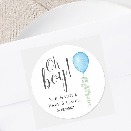 Blue Balloon Eucalyptus Baby Shower  Ronde Sticker