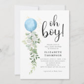 Blue Balloon Eucalyptus Elegant Oh Boy Baby shower Kaart (Voorkant)