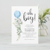 Blue Balloon Eucalyptus Elegant Oh Boy Baby shower Kaart (Staand voorkant)