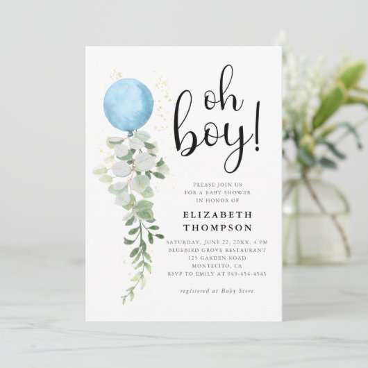 Blue Balloon Eucalyptus Elegant Oh Boy Baby shower Kaart (Staand voorkant)