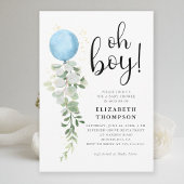 Blue Balloon Eucalyptus Elegant Oh Boy Baby shower Kaart