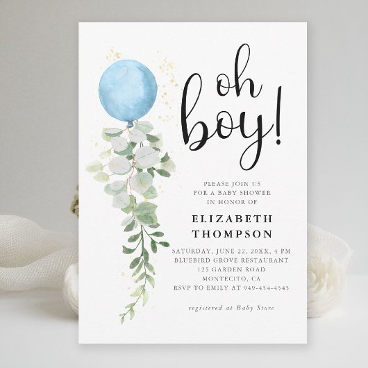 Blue Balloon Eucalyptus Elegant Oh Boy Baby shower Kaart