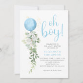 Blue Balloon Eucalyptus Foliage Oh Boy Baby shower Kaart (Voorkant)