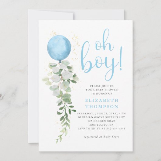 Blue Balloon Eucalyptus Foliage Oh Boy Baby shower Kaart (Voorkant)