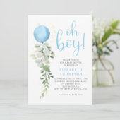 Blue Balloon Eucalyptus Foliage Oh Boy Baby shower Kaart (Staand voorkant)