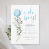 Blue Balloon Eucalyptus Foliage Oh Boy Baby shower Kaart