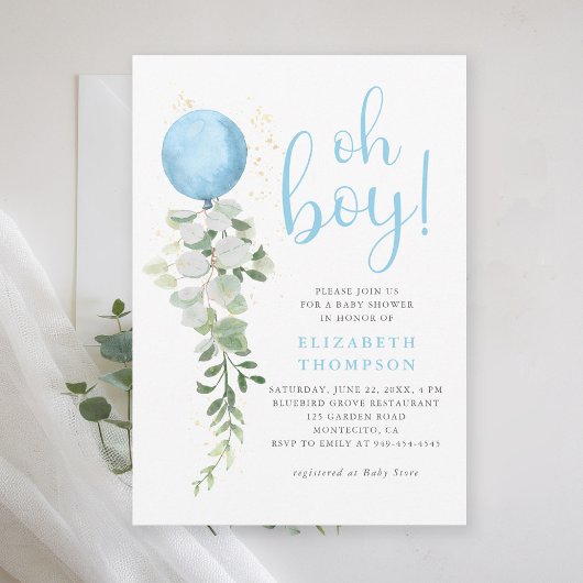 Blue Balloon Eucalyptus Foliage Oh Boy Baby shower Kaart